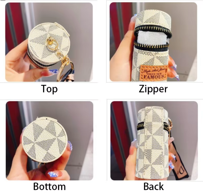 Women's Mini Cylinder Lipstick Case Keychain Pink Geometric Triangle Pattern Coin Purse with Silk Scarf Bag Charm for Earphones Keys