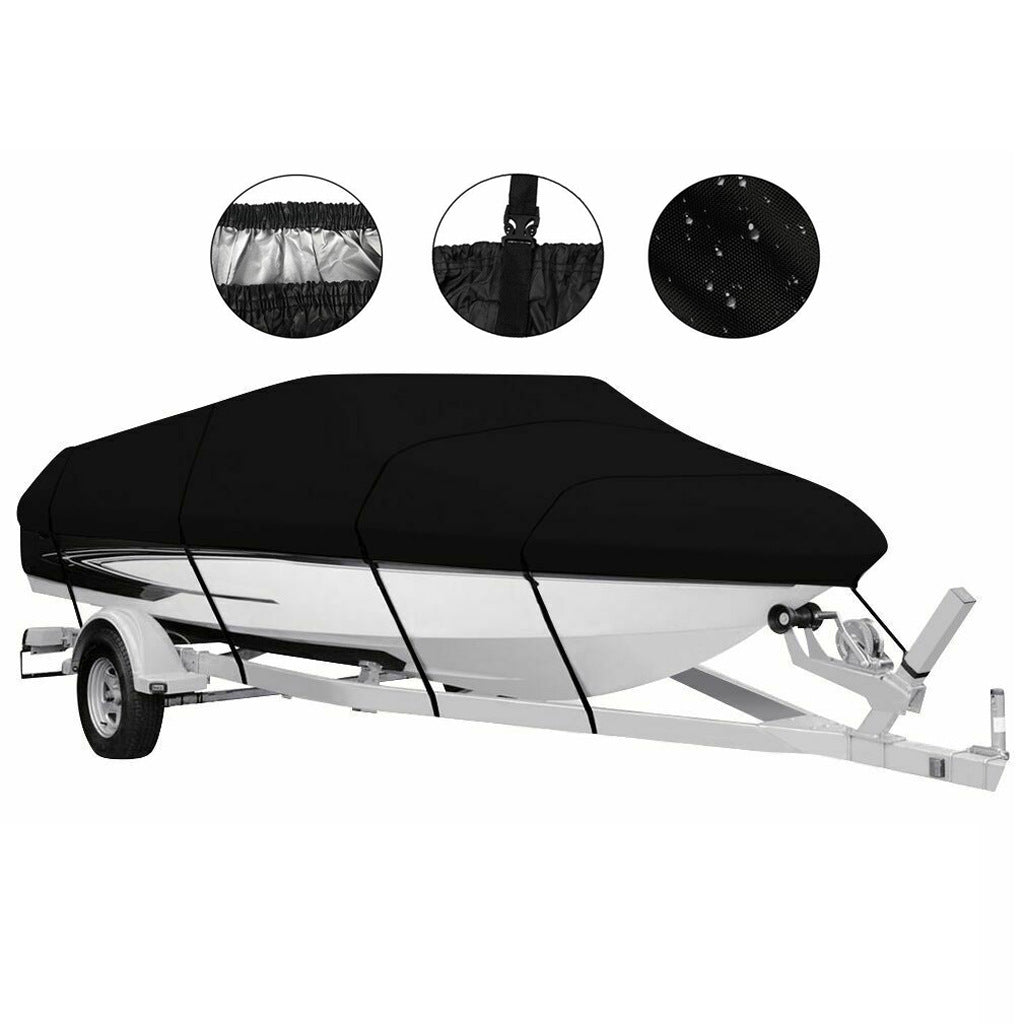 Waterproof Boat Cover 17-20ft Square Bow Jon Boat & Wide Beam Utility UV Resistant Marine Storage Tarp (Black, 625cm x 360cm)