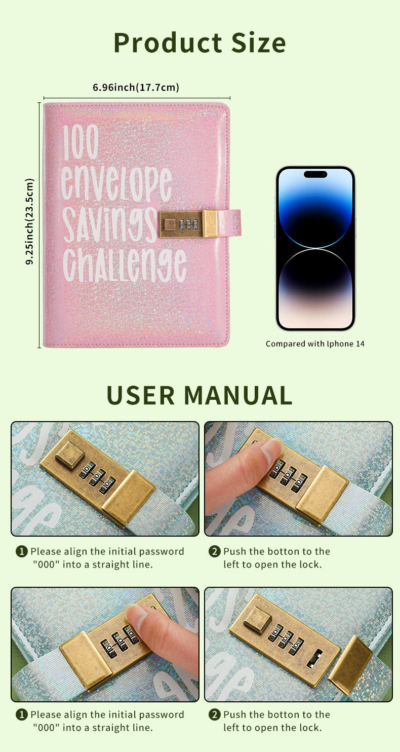 100 Envelope Savings Challenge Binder with Password Lock Holographic Pink A5 Cash Stuffing Budget Planner Book Money Organiser for Couples (Glitter Pink)