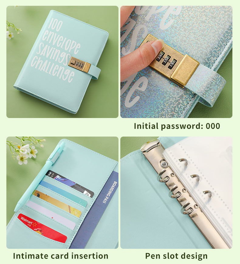 100 Envelope Savings Challenge Binder with Password Lock Holographic Blue A5 Cash Stuffing Budget Planner Book Money Organiser for Couples (Glitter Blue)