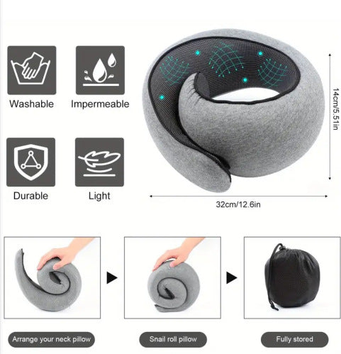 Memory Foam Travel Neck Pillow 360 Support Adjustable Snail Shape Chin Rest for Long Haul Flights Car & Office Portable with Storage Bag (Navy Blue)
