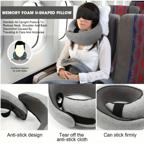 Memory Foam Travel Neck Pillow 360 Support Adjustable Snail Shape Chin Rest for Long Haul Flights Car & Office Portable with Storage Bag (Navy Blue)