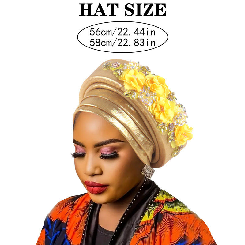 Women's Luxury Lake Blue Turban Hat with Beaded Floral Embellishments Pre-Tied African Style Headwrap for Weddings Parties & Special Occasions