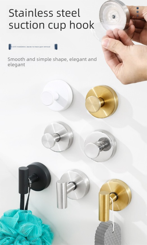 Heavy Duty Stainless Steel Suction Cup Hook Vacuum Wall Hanger Brushed Bright Light No Drill Towel Holder for Bathroom Kitchen & Shower - Waterproof