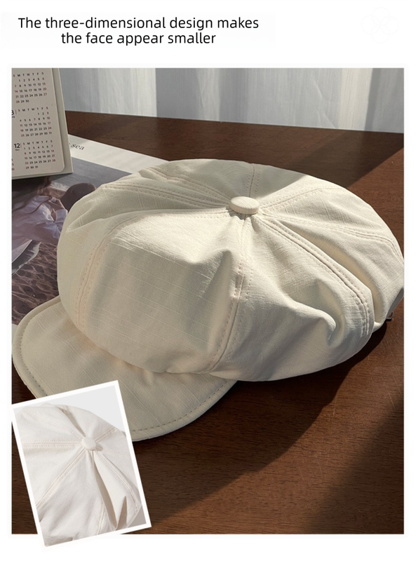 Women's Beige Newsboy Cap UPF50+ Sun Protection Cotton Blend Octagonal Beret Hat - Adjustable Breathable Baker Boy Style with Cute Button Detail
