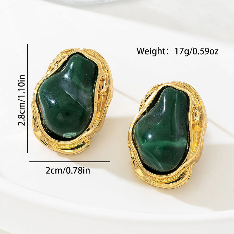 A Pair of Vintage Baroque Statement Earrings - Chunky Gold Tone Irregular Studs with Dark Green Faux Stone - Stainless Steel Pin Fashion Jewellery for Women