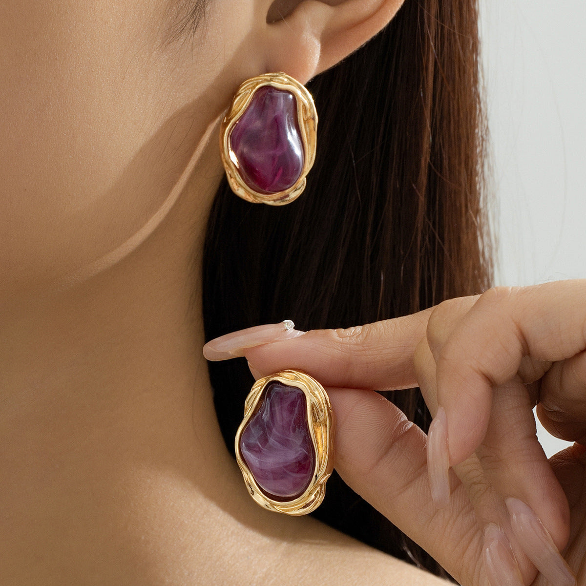 A Pair of Vintage Baroque Statement Earrings - Chunky Gold Tone Irregular Studs with Purple Faux Stone - Stainless Steel Pin Fashion Jewellery for Women