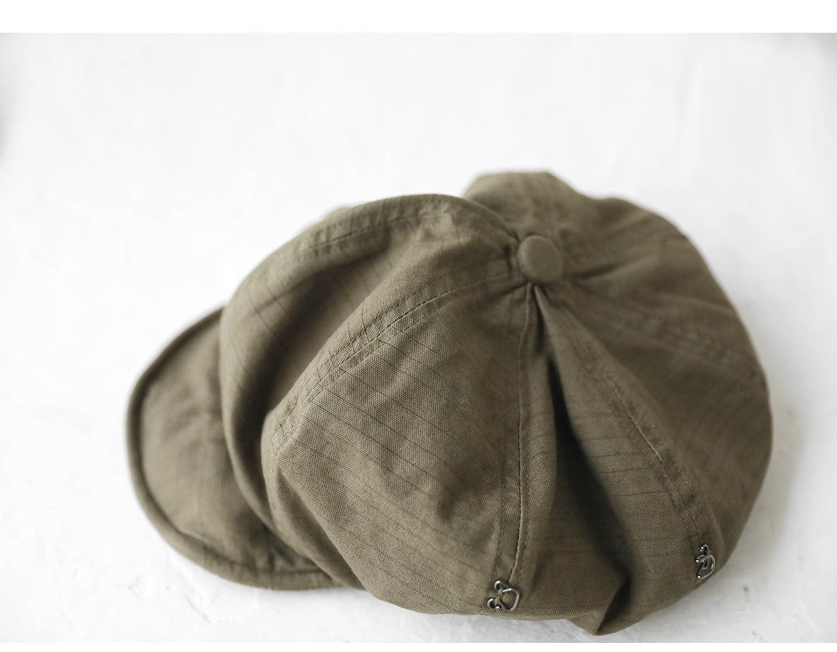 Oversized Slouchy Newsboy Cap - Vintage Japanese Style Baker Boy Hat - Soft Textured Fabric - Olive Green (Adjustable 54-60cm)