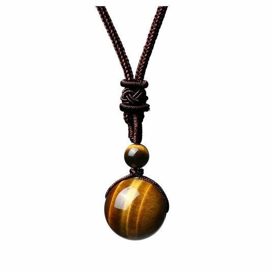 Handmade Woven Tiger Eye Stone Pendant Necklace Vintage Natural 12mm Gemstone Jewelry for Men and Women Simple Retro Style Accessory