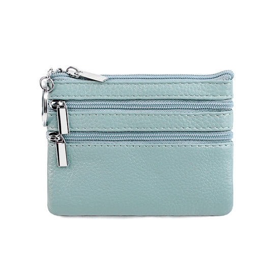 Genuine Leather Coin Purse Mini Wallet with Triple Zipper Pockets Key Ring Holder Pouch for Cash & Cards - Sky Blue