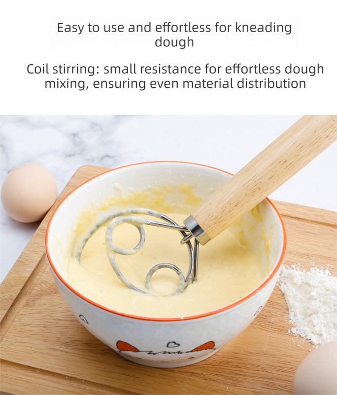 Danish Dough Whisk with Long Oak Handle - 13 Inch Stainless Steel Bread Mixer Tool for Sourdough, Pizza & Pastry - Heavy Duty Hand Held Flour Blender (Single Loop Design)