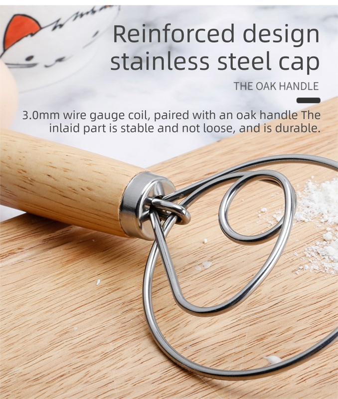 Double Loop Danish Dough Whisk with Long Oak Handle - 13 Inch Stainless Steel Bread Mixer Tool for Sourdough & Heavy Batter - Hand Held Flour Blender (Two Eye Design)