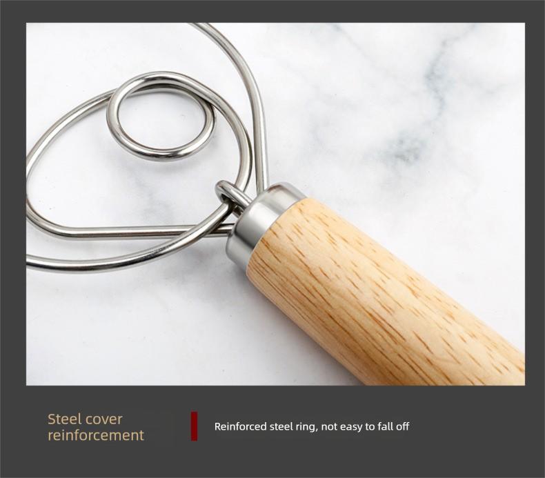 Triple Loop Danish Dough Whisk with Short Oak Handle - 9 Inch Compact Stainless Steel Mixer for Sourdough Starters, Eggs & Batter - Hand Held Flour Blender (3 Eye Design)