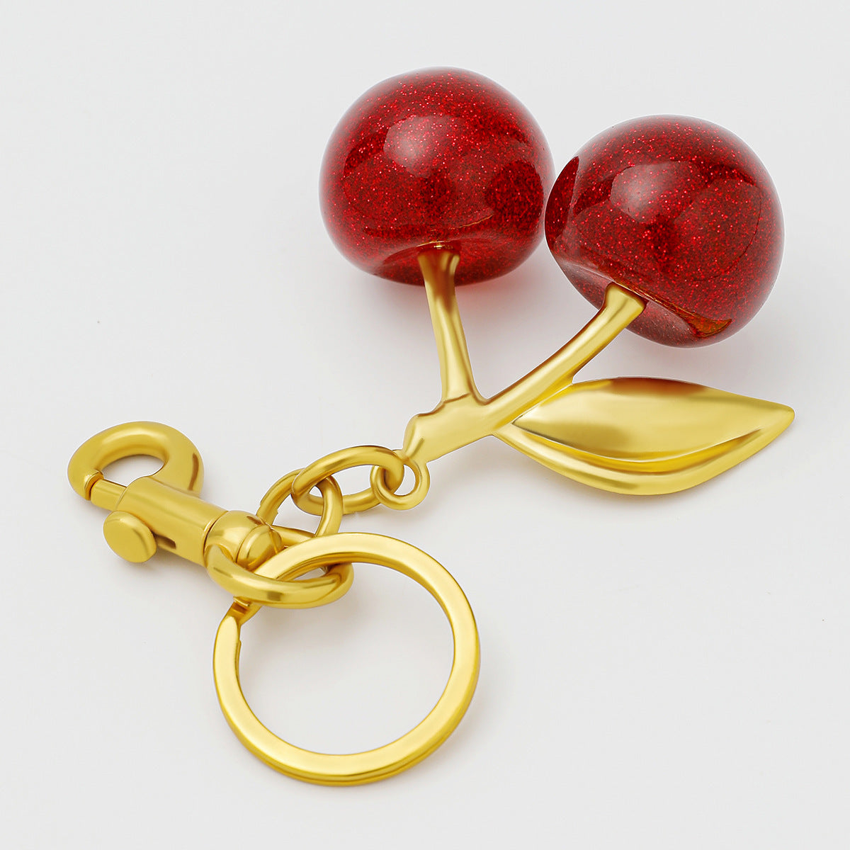 Luxury Sparkly Red Cherry Bag Charm Keychain - Gold Tone Metal Fruit Keyring with Glitter Finish - Cute Purse Accessory for Handbags & Car Keys (11.5cm)