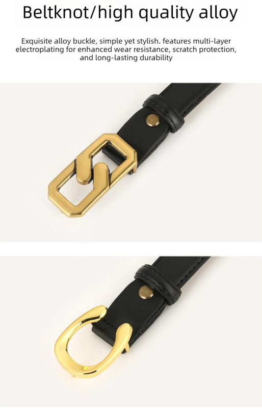 Womens Genuine Leather Belt Black 2.3cm Wide Gold Buckle Waist Strap for Jeans & Dresses Elegant Fashion Accessory