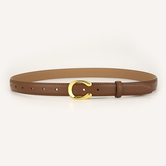 Womens Genuine Leather Belt Caramel C-Shape Gold Buckle Waist Strap for Jeans & Dresses Classic Fashion Accessory