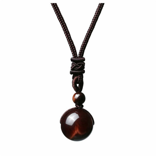 Natural Red Tiger Eye Necklace 14mm Round Stone Pendant Hand Braided Rope Lucky Protection Amulet Jewellery Gift for Men & Women