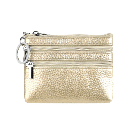 Genuine Leather Coin Purse Mini Wallet with Triple Zipper Pockets Key Ring Holder Pouch for Cash & Cards - Gold