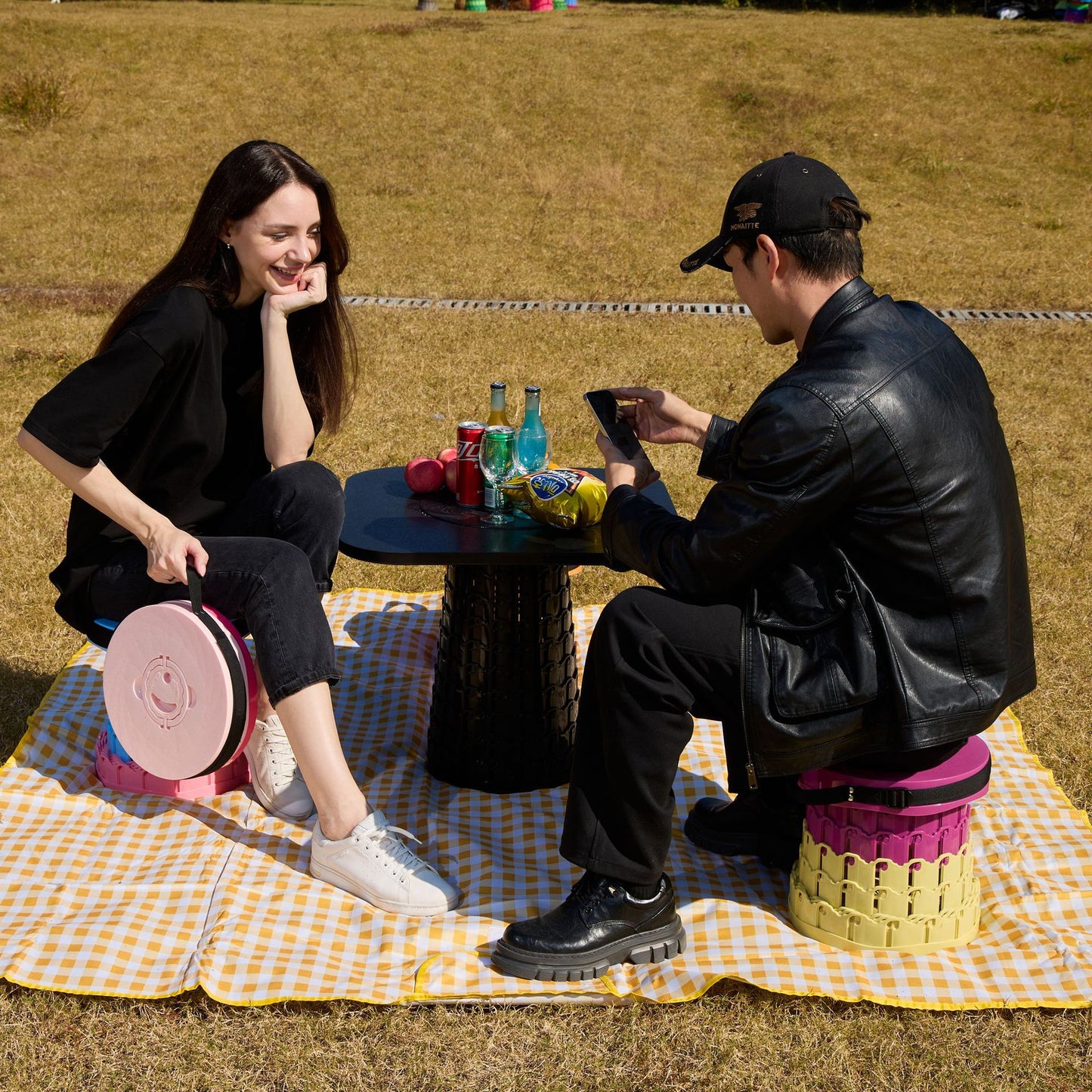 Portable Retractable Stool MAX Gen 8 Telescopic Camping Seat 50cm Tall Extra Wide Heavy Duty Sapphire Blue & Primrose Pink for Outdoor Events