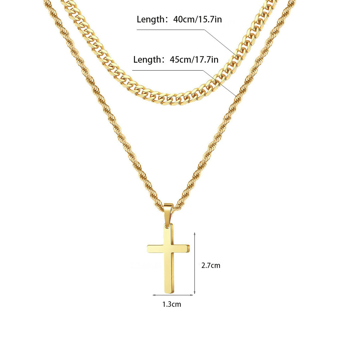 Double Layer Gold Tone Cross Pendant Necklace Set Cuban Link & Rope Chain 40-45cm Layered Fashion Jewellery