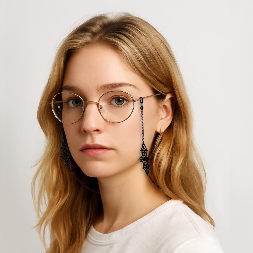 Black Hollow Bat Eyewear Chain 70cm Anti-Slip Glasses Strap with White K Clasp Decorative Sunglasses Holder for Women