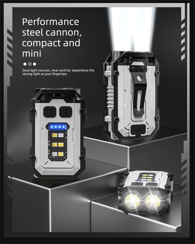 Mini EDC Keychain Flashlight Dual LED Super Bright 750mAh Type-C Rechargeable Magnetic Torch Work Light White