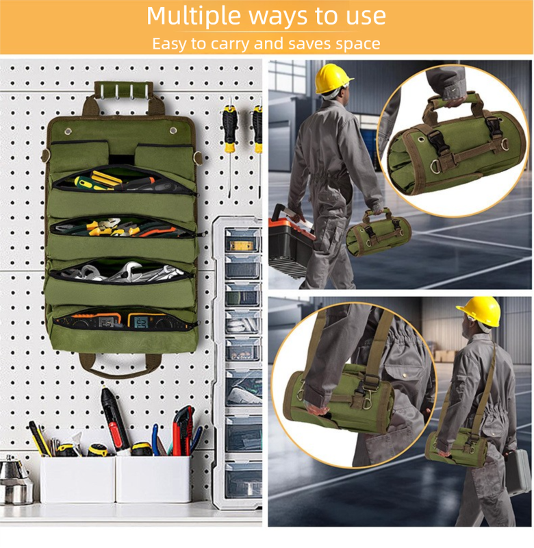 Heavy Duty Tool Roll Up Bag Organiser Multi-Pocket Canvas Carry Pouch for Electrician DIY Mechanic & 4WD Camping Black