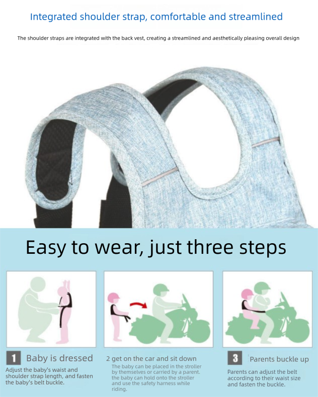 Child Motorcycle Safety Harness Strap Adjustable Passenger Belt with Handles & Storage Pocket Breathable Linen Grey for Scooter