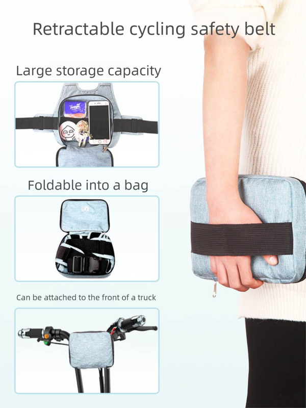 Child Motorcycle Safety Harness Strap Adjustable Passenger Belt with Handles & Storage Pocket Breathable Linen Blue for Scooter