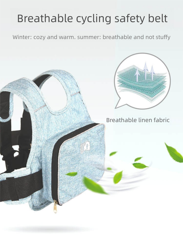Child Motorcycle Safety Harness Strap Adjustable Passenger Belt with Handles & Storage Pocket Breathable Linen Blue for Scooter