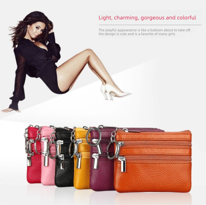 Genuine Leather Coin Purse Mini Wallet with Triple Zipper Pockets Key Ring Holder Pouch for Cash & Cards - Medium Gray