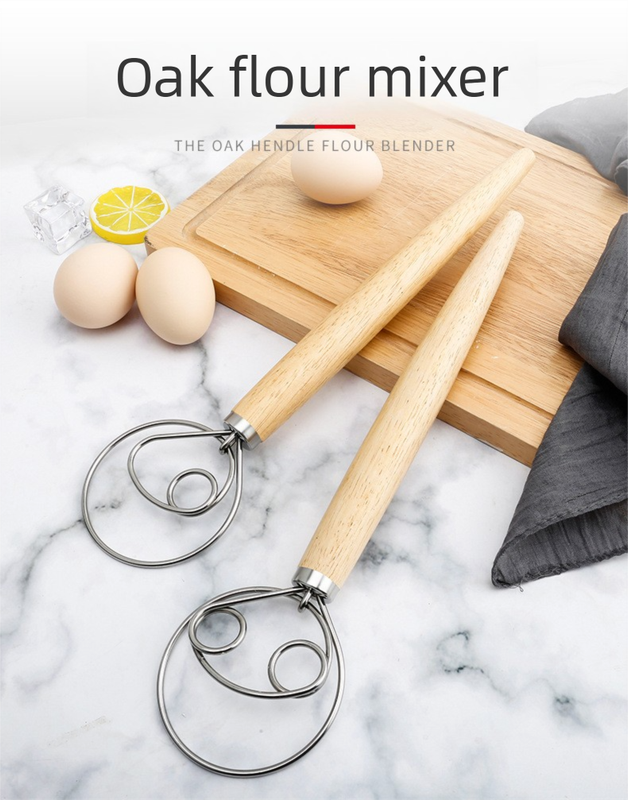 Danish Dough Whisk Slim Dual Ring Design Short Oak Wood Handle Bread Mixer Tool for Sourdough Starter Jars & Batters