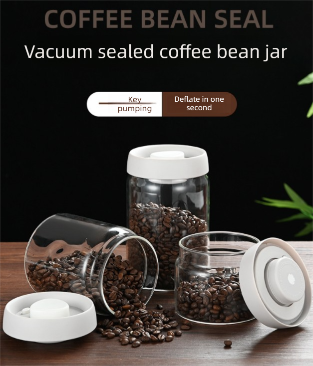 900ml Vacuum Sealed Glass Coffee Canister - One-Press Airtight Storage Jar - Medium Size Moisture-Proof Borosilicate Container for Beans & Pantry (White Lid)