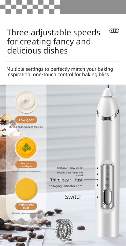 Rechargeable Electric Milk Frother Handheld - 3 Speed Adjustable Foam Maker with 2 Stainless Steel Whisks - Portable Coffee Mixer & Egg Beater for Flat Whites, Lattes & Baking (White)
