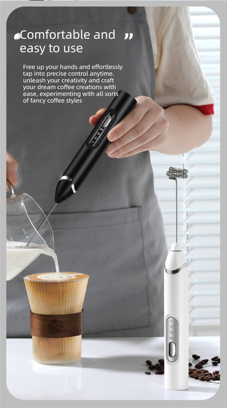 Rechargeable Electric Milk Frother with Metal Stand - Handheld Foam Maker & Egg Beater Set - 3 Speed Mixer with 2 Stainless Steel Whisks for Flat Whites, Lattes & Baking (White)