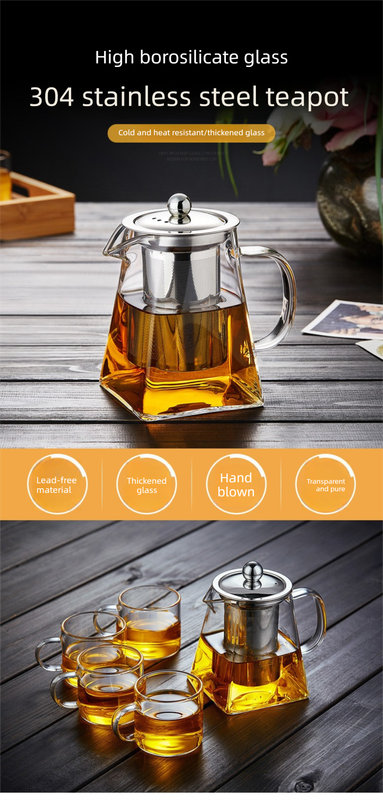 350ml Heat-Resistant Glass Teapot with Stainless Steel Infuser Square Base Stovetop Safe Loose Leaf Tea Maker