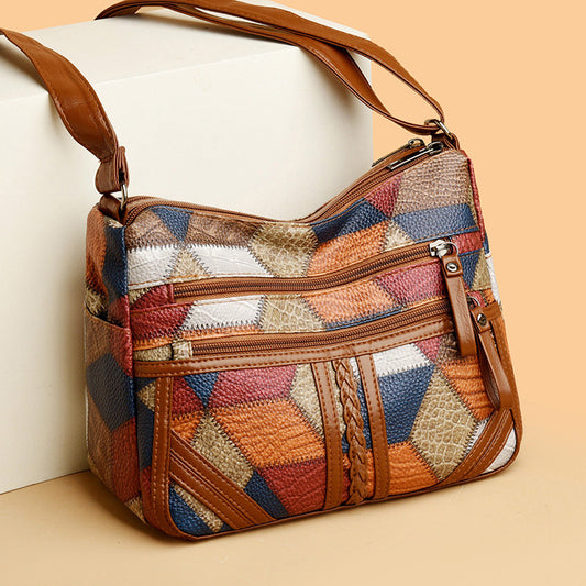 Lightweight Contrast Color Patchwork Shoulder Bag - Multi-Zipper Large Capacity PU Leather Satchel for Women(Style 1)