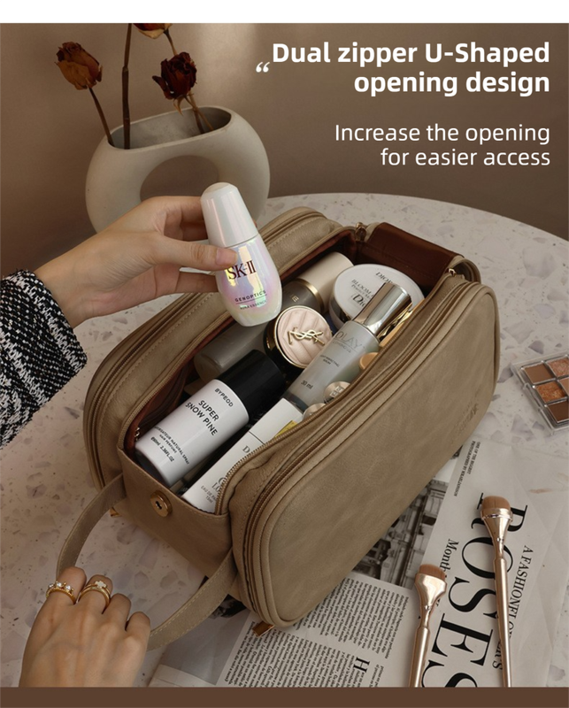 Beige Premium TPU Leather Dual-Zipper Cosmetic Bag with 3 Dry & Wet Separation Zone - Large Capacity Travel Toiletries Organizer