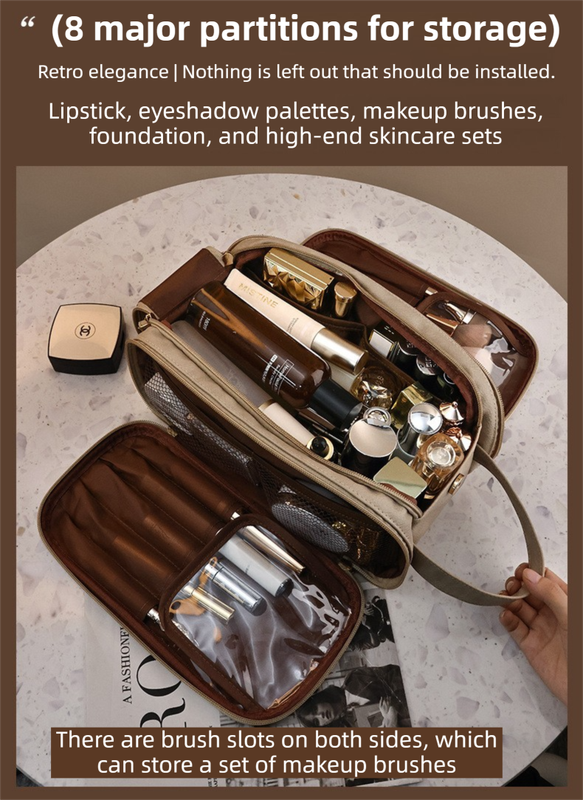 Black Premium TPU Leather Dual-Zipper Cosmetic Bag with 3 Dry & Wet Separation Zone - Large Capacity Travel Toiletries Organizer