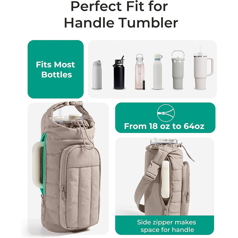 Black Nylon Quilted Insulated Water Bottle Bag for 18-64oz Flask - Lightweight Sports & Travel Puffer Shockproof Protective Pouch