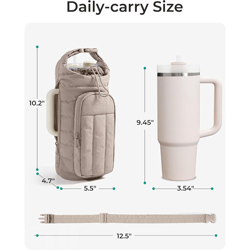 Black Nylon Quilted Insulated Water Bottle Bag for 18-64oz Flask - Lightweight Sports & Travel Puffer Shockproof Protective Pouch