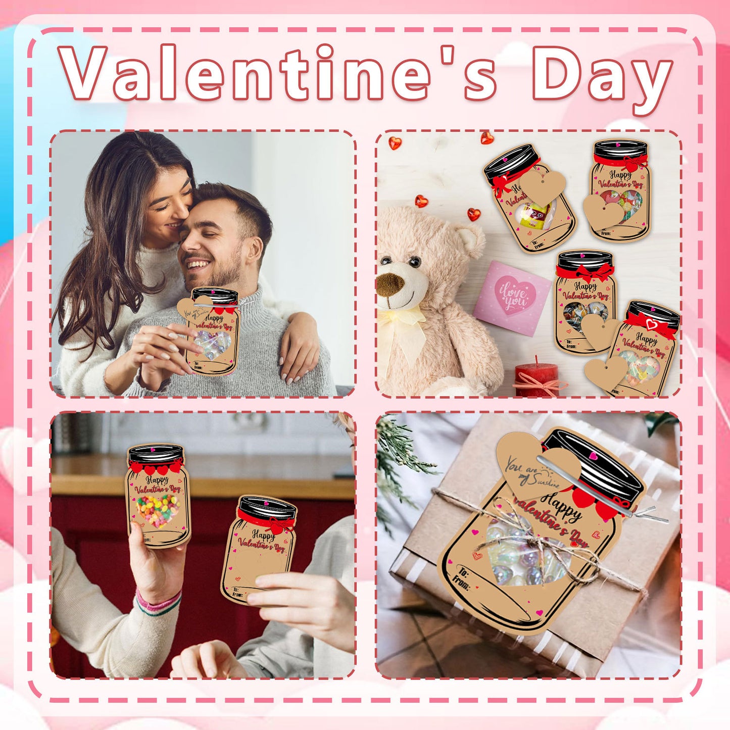 50PCS Valentine's Day Drift Bottle Shaped Gift Card Set - Premium Coated Paper Greeting Card for Family / School Exchanges and Party Favors