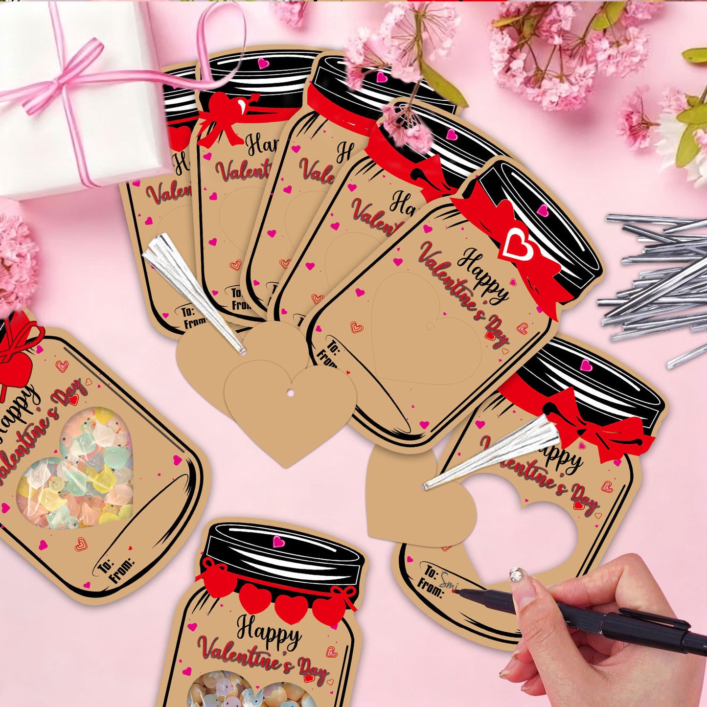 50PCS Valentine's Day Drift Bottle Shaped Gift Card Set - Premium Coated Paper Greeting Card for Family / School Exchanges and Party Favors