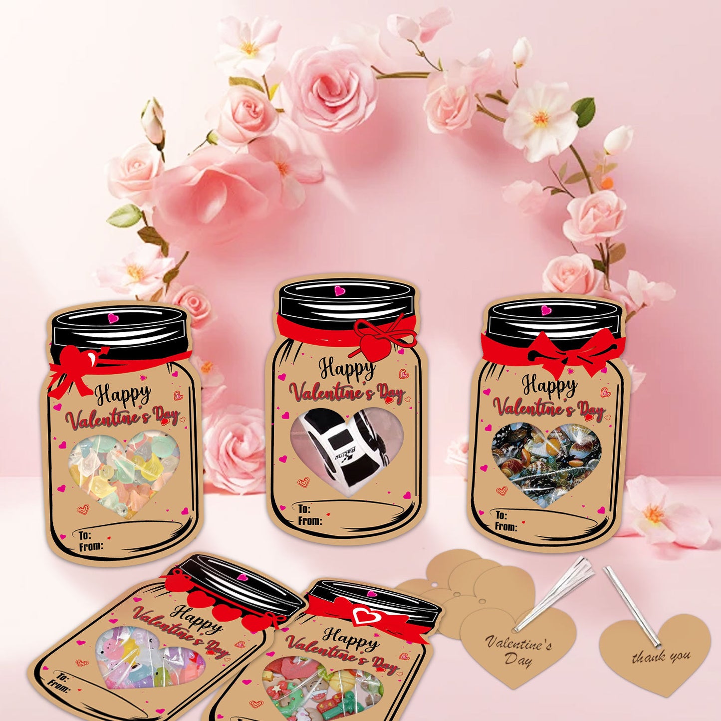 60PCS Valentine's Day Drift Bottle Shaped Gift Card Set - Premium Coated Paper Greeting Card for Family / School Exchanges and Party Favors