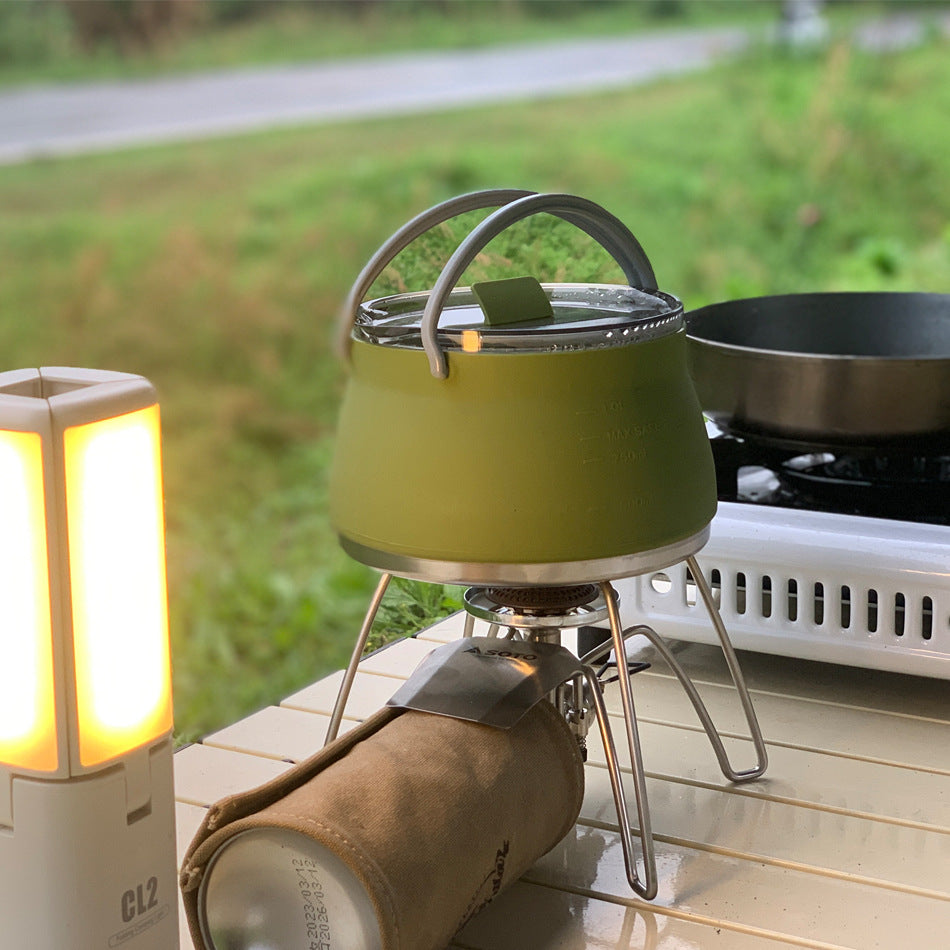Khaki 1L Portable Collapsible Camping Kettle - Food-Grade Silicone Body with 304 Stainless Steel Base, Compatible with Induction & Gas Stoves