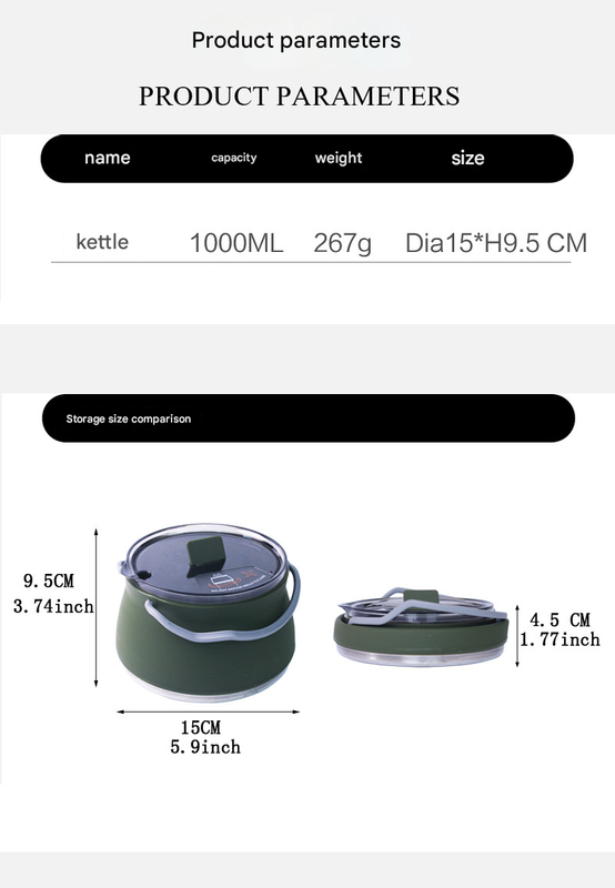 Khaki 1L Portable Collapsible Camping Kettle - Food-Grade Silicone Body with 304 Stainless Steel Base, Compatible with Induction & Gas Stoves