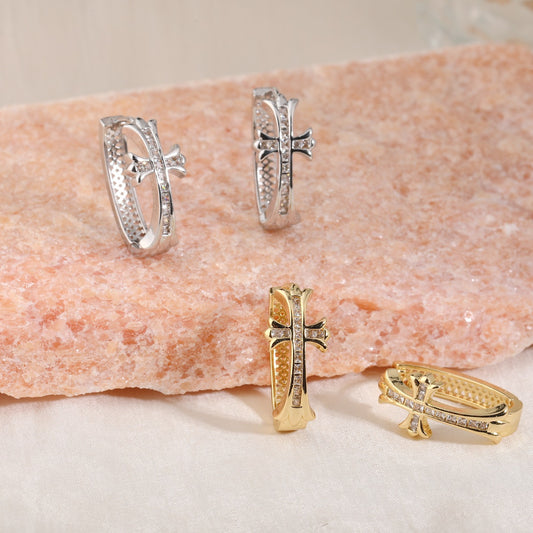 2-Pair Gold & Sliver Sparkling Iced Out Rhinestone Cross Hoop Earrings - Punk Elegance Ear Buckle for Women