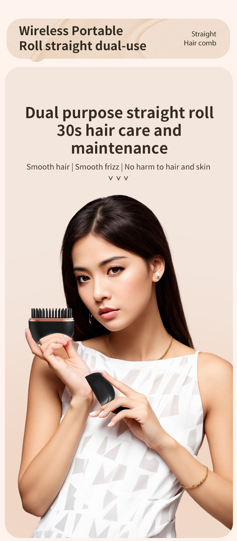 Black Cordless Portable Hair Straightening & Curling Brush - Plant Protein Coating for Hair Protection, 30s Fast Heating & Dual Anti-Scald