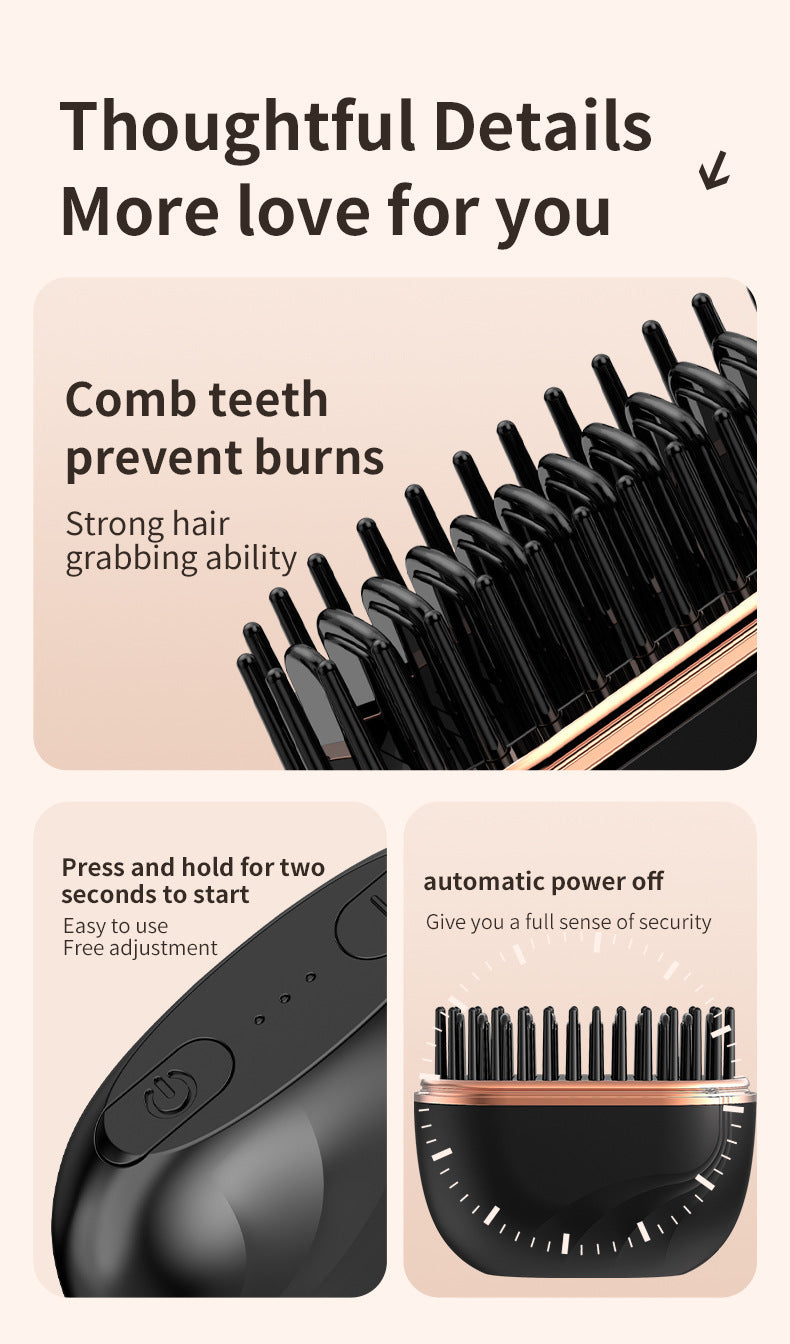 Black Cordless Portable Hair Straightening & Curling Brush - Plant Protein Coating for Hair Protection, 30s Fast Heating & Dual Anti-Scald