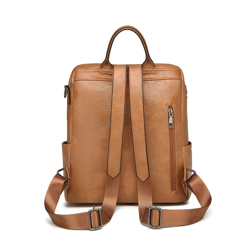 Blue & Grey Retro Soft PU Leather Backpack for Women - Water-Resistant Large Capacity Travel Rucksack with Dual Detachable Straps